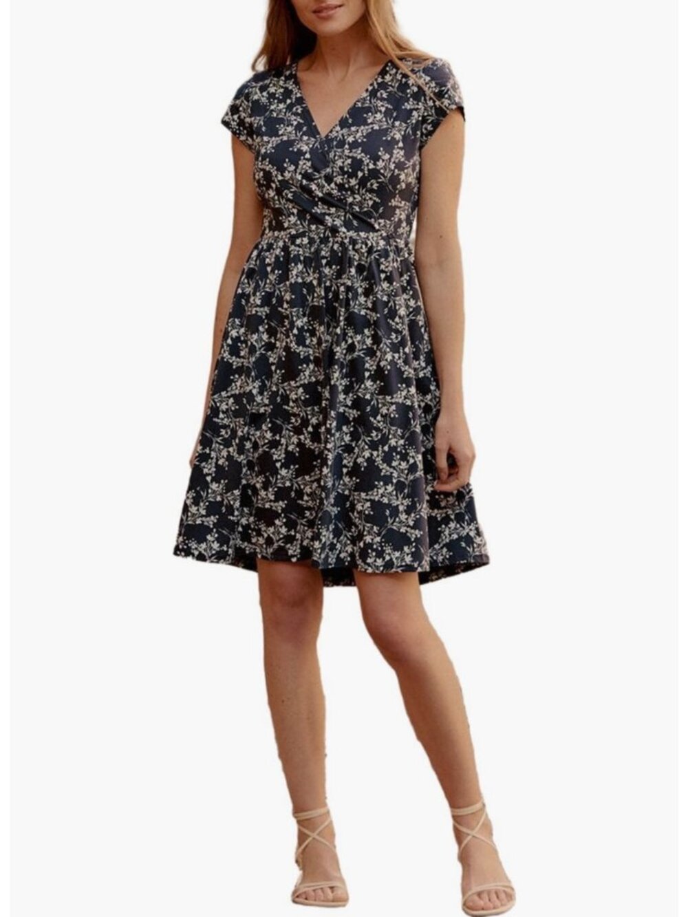 Pact Organic Fit and Flare Crossover Dress Size Large Blue Floral Boho Casual